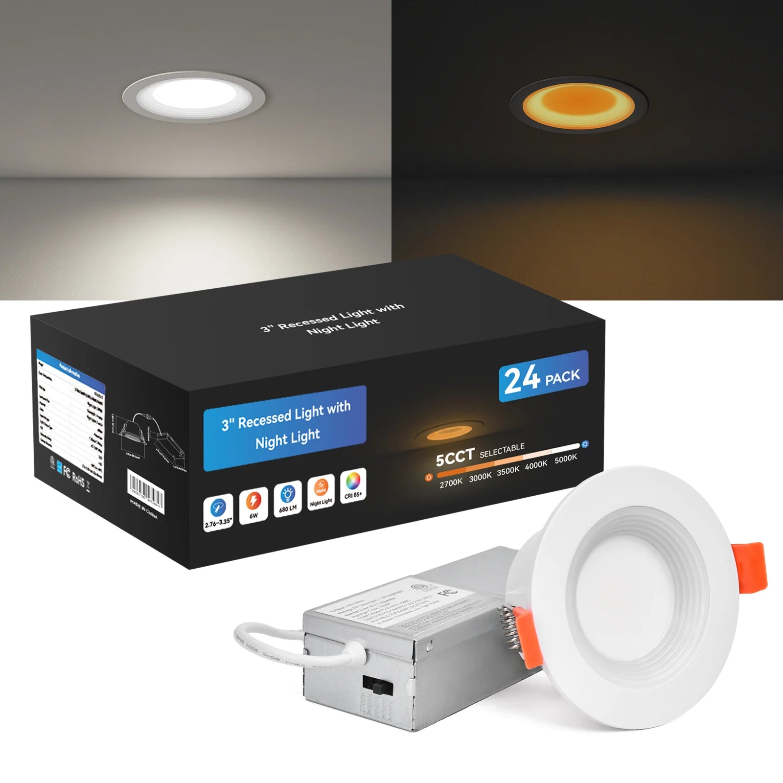 CycevSun 3 Inch Recessed LED Lights, Switchable Night Light & Main Light, White, 2-Pack