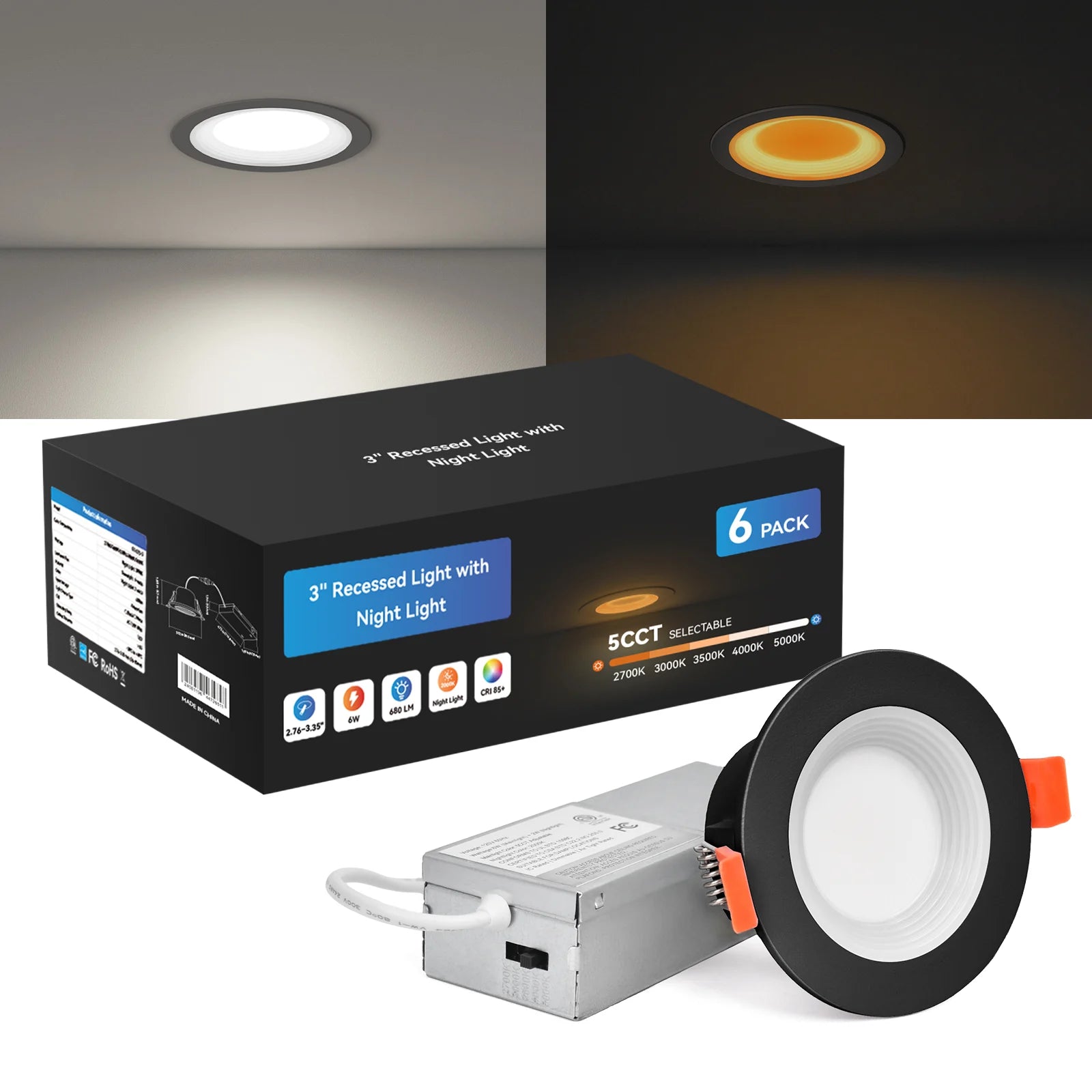 CycevSun 3 Inch Recessed LED Lights, Switchable Night Light & Main Light, Black, 2-Pack