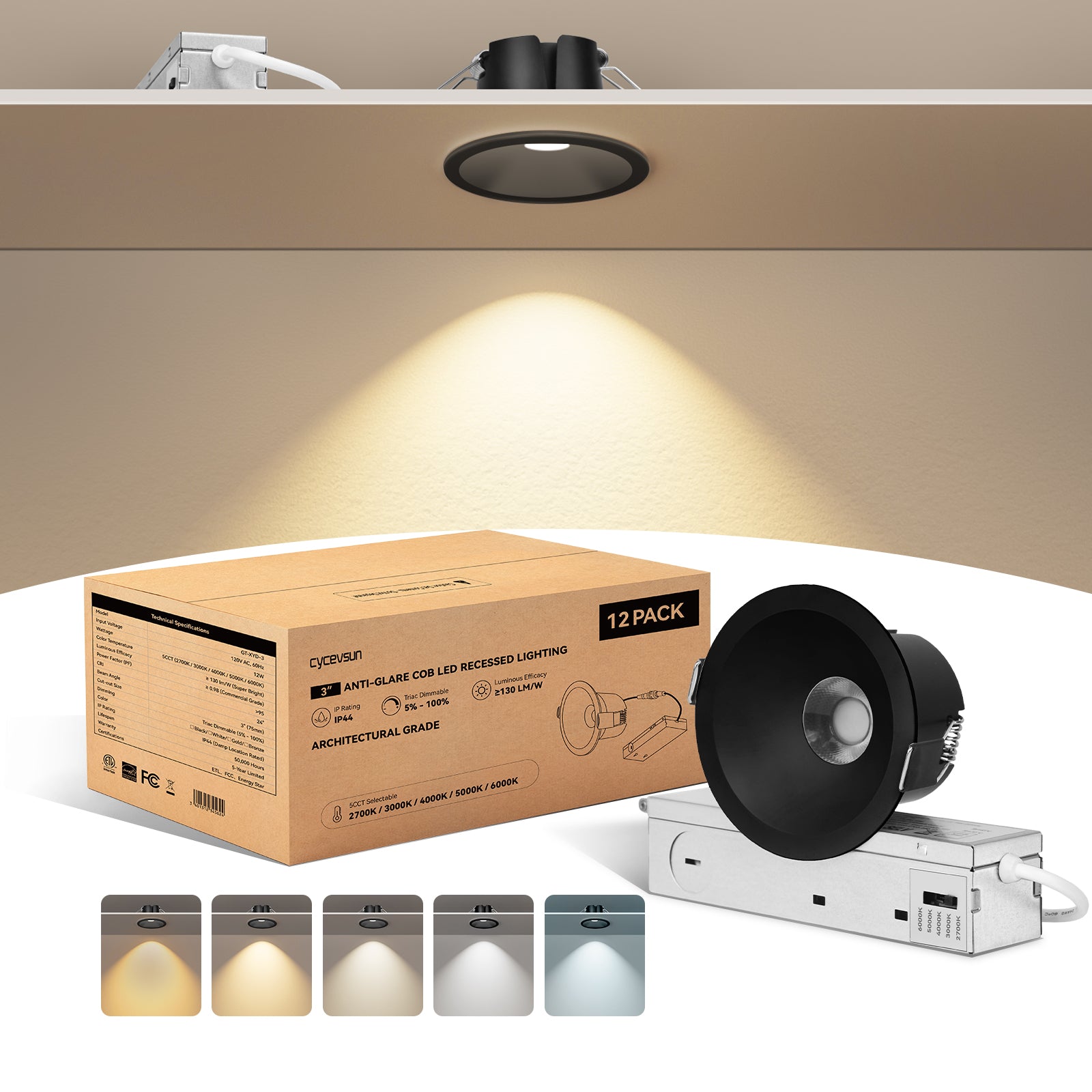 6/12pack CycevSun Black 3 Inch Recessed LED Lights, Anti-Glare COB Canless Ceiling Spotlight, 5CCT Selectable 2700K-6000K, 130LM/W, 12W, RA95 Small Exterior Soffit, Dimmable, ETL, IP44 Damp Rated