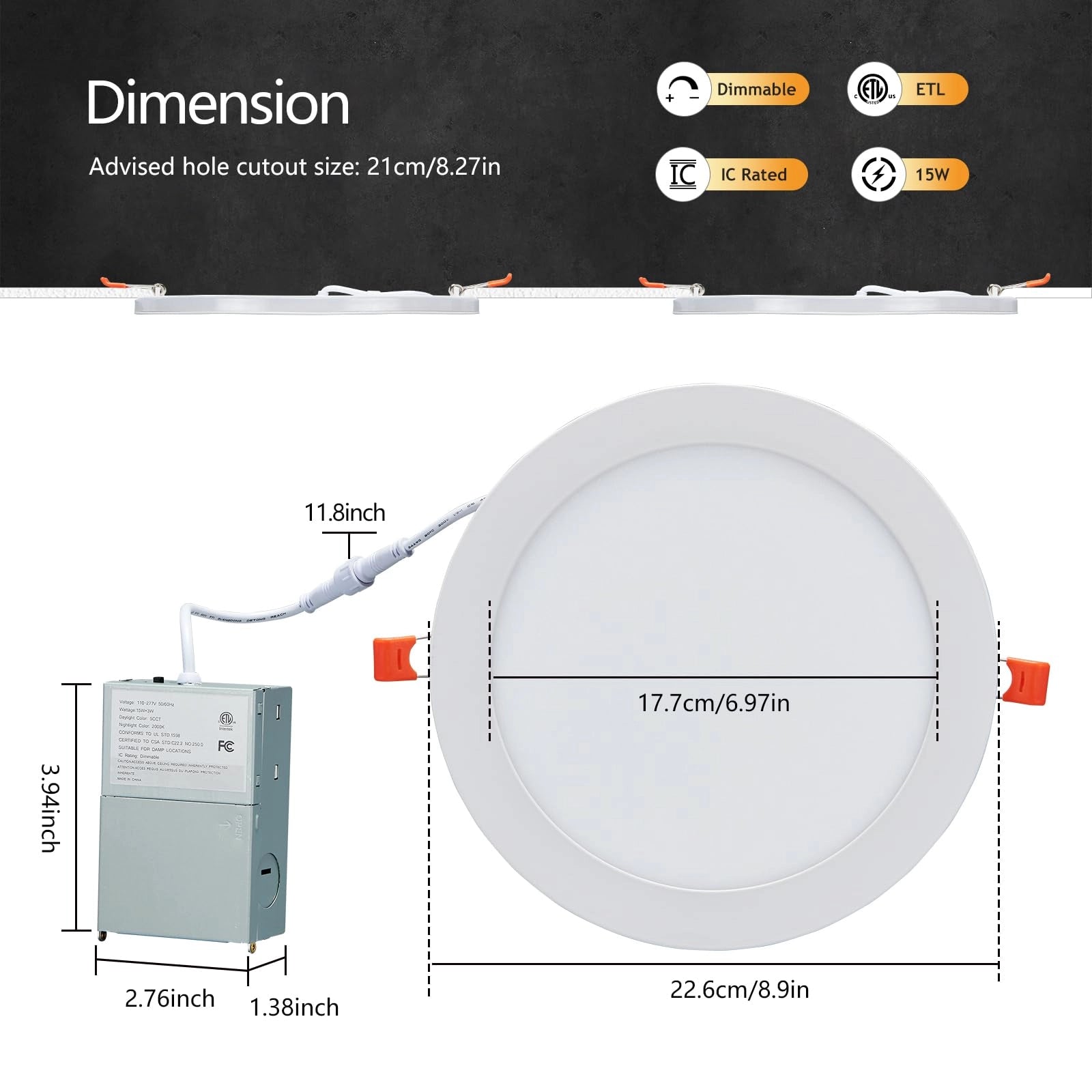 CycevSun 8 Inch LED Recessed Lighting with Night Light, White