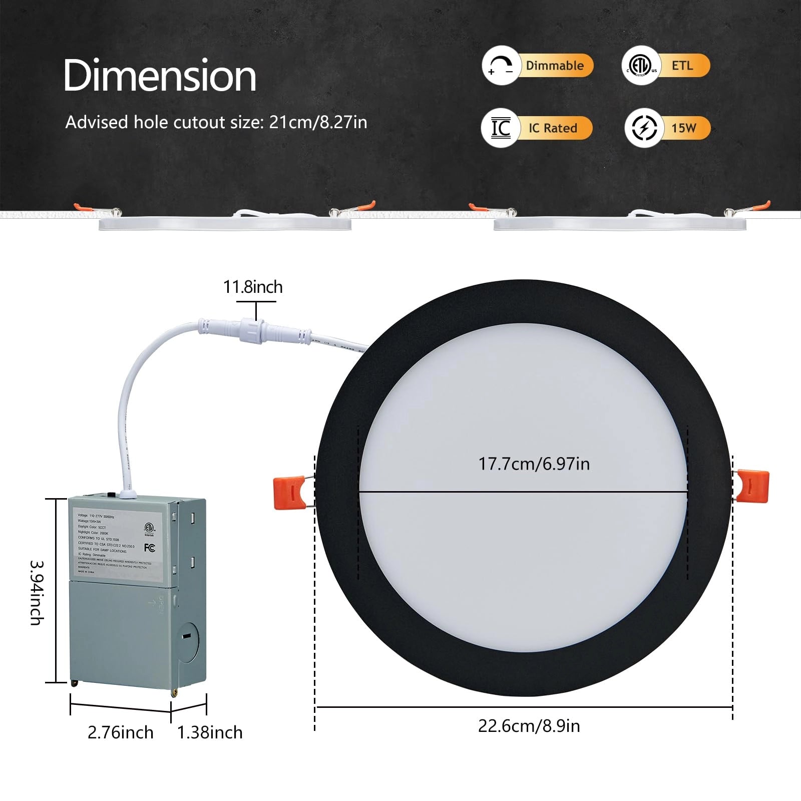 CycevSun 8 Inch LED Recessed Light with Night Light, Black